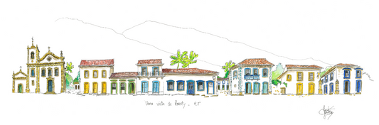Parede de quadros: composição com três aquarelas de Paraty