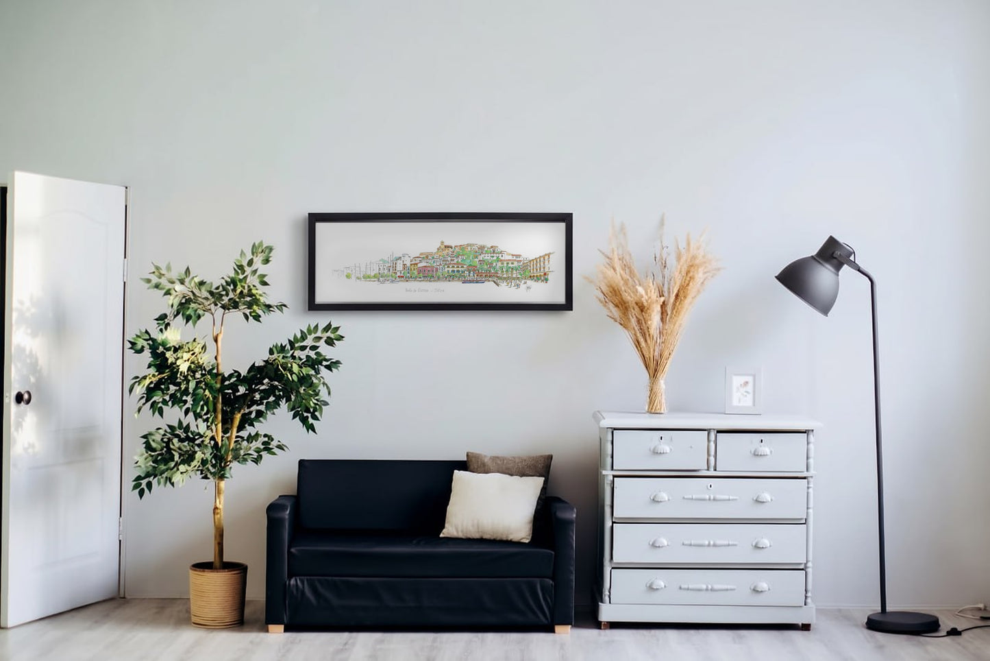 Aquarela Ibiza - Espanha com moldura preta, pendurada na parede de uma sala de estar