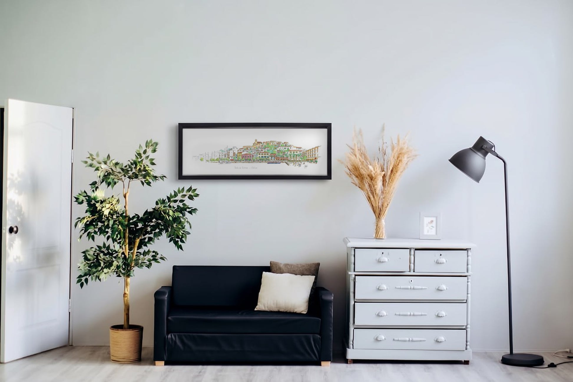 Aquarela Ibiza - Espanha com moldura preta, pendurada na parede de uma sala de estar