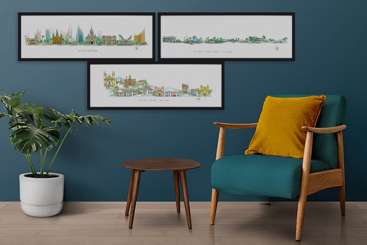 Aquarela de Ouro Preto, Minas Gerais emoldurada em composição na parede da sala