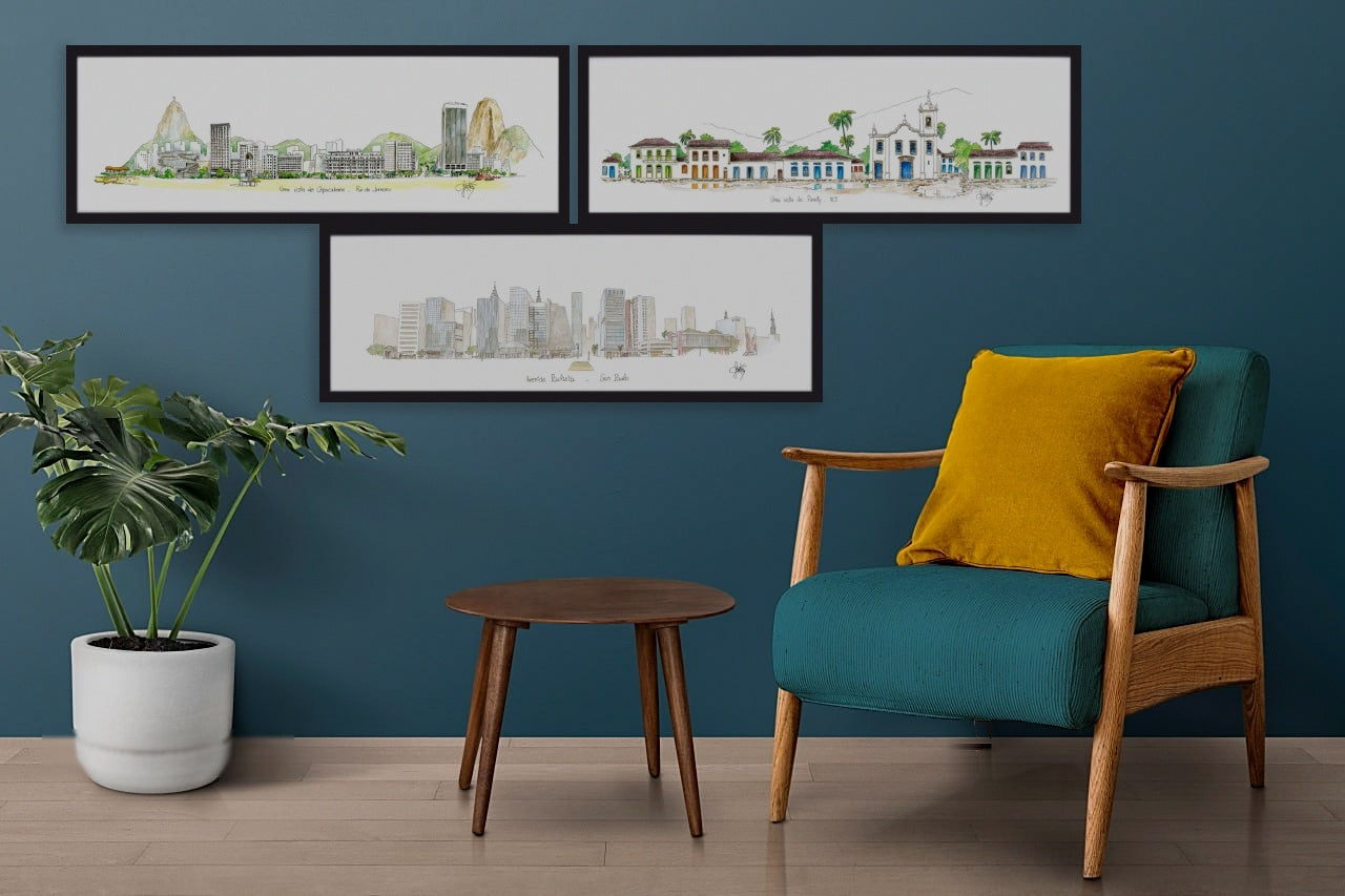Aquarela de Paraty (I) emoldurada em composição na parede da sala