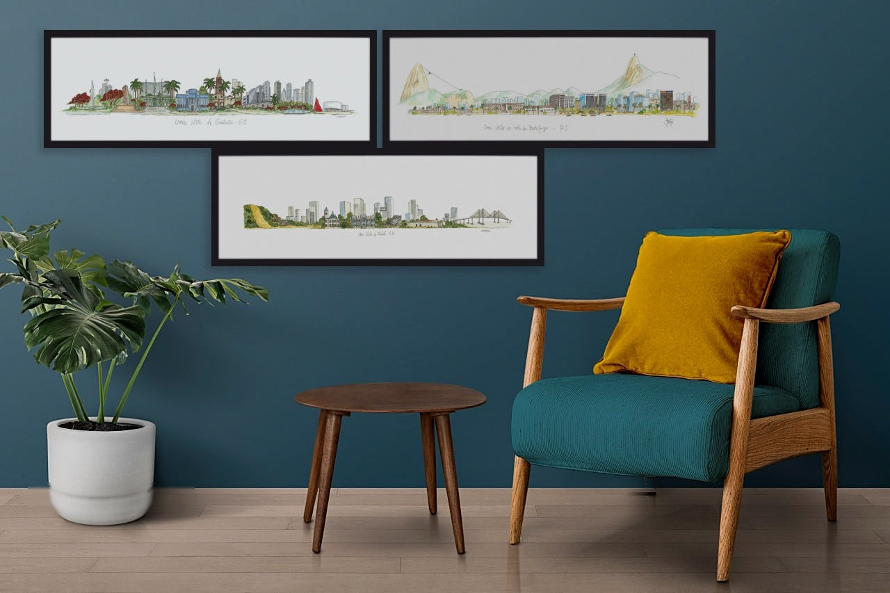 Aquarela de Botafogo, Rio de Janeiro emoldurada em composição na parede da sala